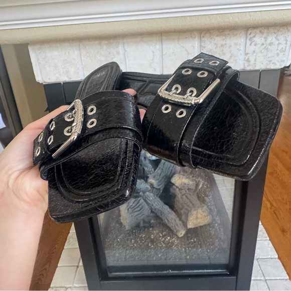 Zara Black Chunky Silver Buckle Hardware Edgy Slip on Slide Size 37/6.5 - Picture 4 of 7